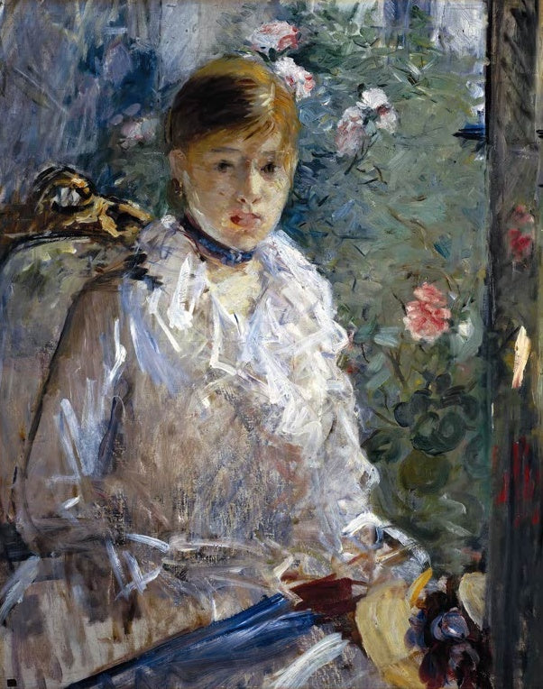 Berthe Morisot Der Sommer Kunstkopie, junge Frau in Weiß mit Fächer und Hut vor blühendem Rosenstrauch am Fenster