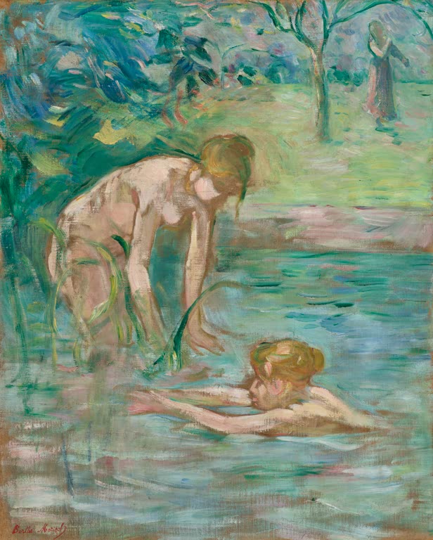 Zwei nackte Badende im türkisfarbenen Wasser vor einer Uferwiese – Berthe Morisot Die Badenden Kunstkopie