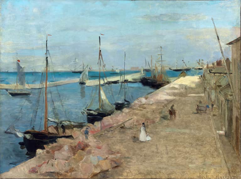 Segelboote und Fischerkutter am sonnigen Hafenkai, kleine Figuren – Berthe Morisot Die Hafeneinfahrt von Cherbourg Kunstkopie