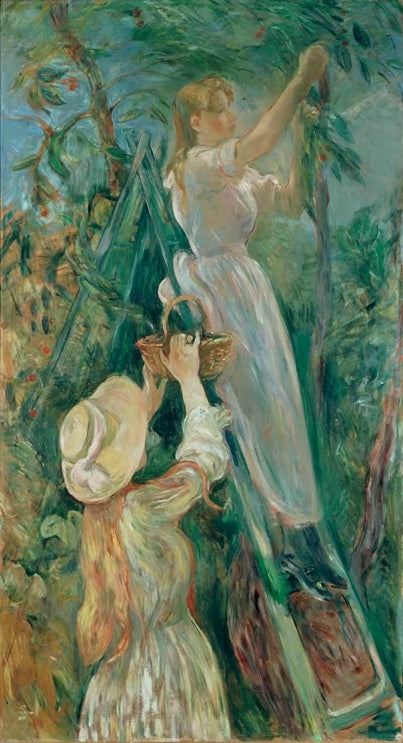 Zwei Mädchen pflücken auf einer Leiter Kirschen von einem Baum – Berthe Morisot Die Kirschenpflückerinnen Kunstkopie