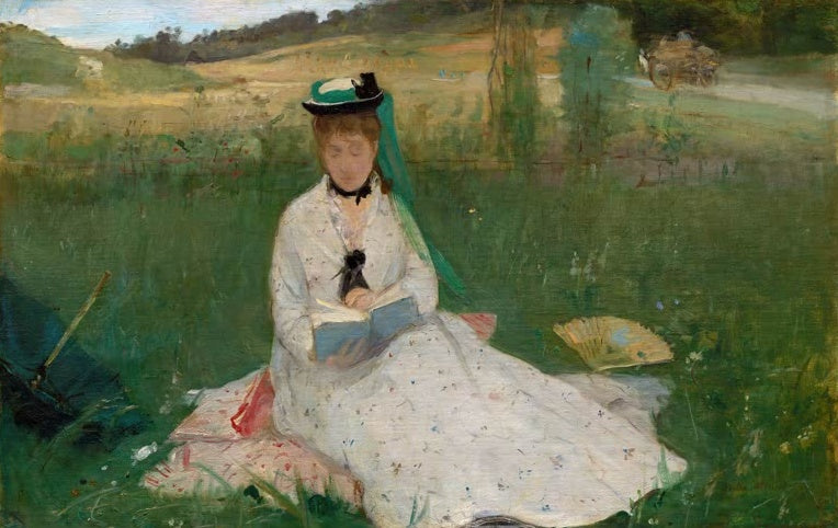 Berthe Morisot Die Lektüre Kunstkopie, lesende Frau im weißen Kleid mit Fächer und Hut im grünen Gras