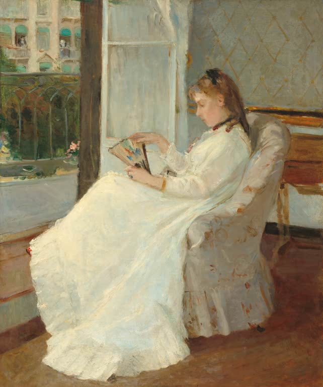 Frau in Weiß liest im Sessel am Fenster – Berthe Morisot Die Schwester der Künstlerin am Fenster Kunstkopie