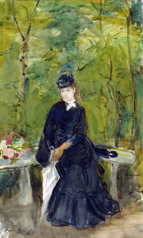 Junge Dame in dunklem Kleid mit Schirm auf Steinbank im Park – Berthe Morisot Die Schwester der Künstlerin Edma Kunstkopie