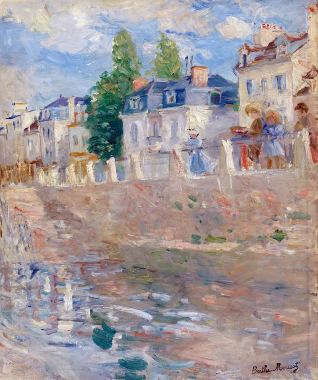 Häuserzeile am Seineufer mit Kindern, vorn glitzerndes Wasser – Berthe Morisot Die Seineufer bei Bougival Kunstkopie