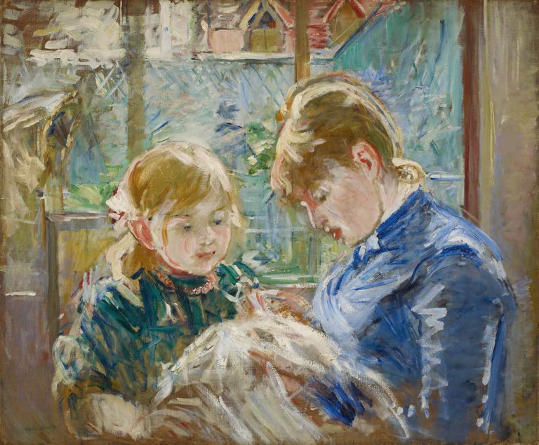 Mädchen und Amme in Blau über eine Handarbeit gebeugt – Berthe Morisot Die Tochter des Künstlers, Julie Kunstkopie
