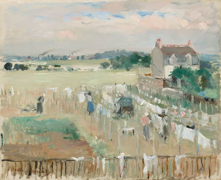 Wäscheleinen und Figuren in weiter Landschaft – Berthe Morisot Die Wäsche zum Trocknen aufgehängt Kunstkopie