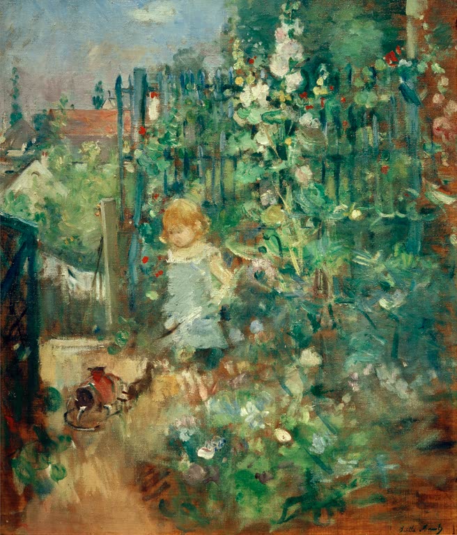 Kind zwischen blühenden Stockrosen im Garten – Berthe Morisot Enfant dans les roses trémières Kunstkopie