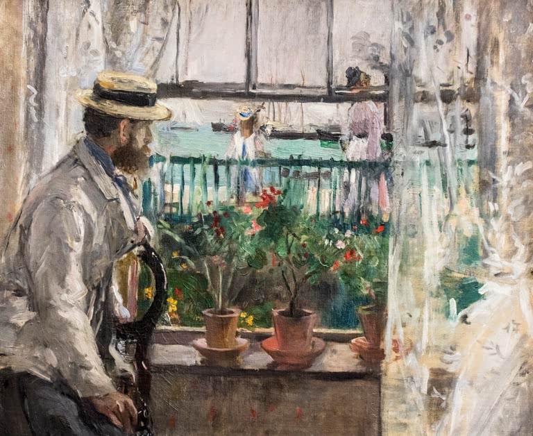 Mann mit Strohhut am Fenster, Blumentöpfe und Meer dahinter – Berthe Morisot Eugène Manet auf der Isle of Wight Kunstkopie