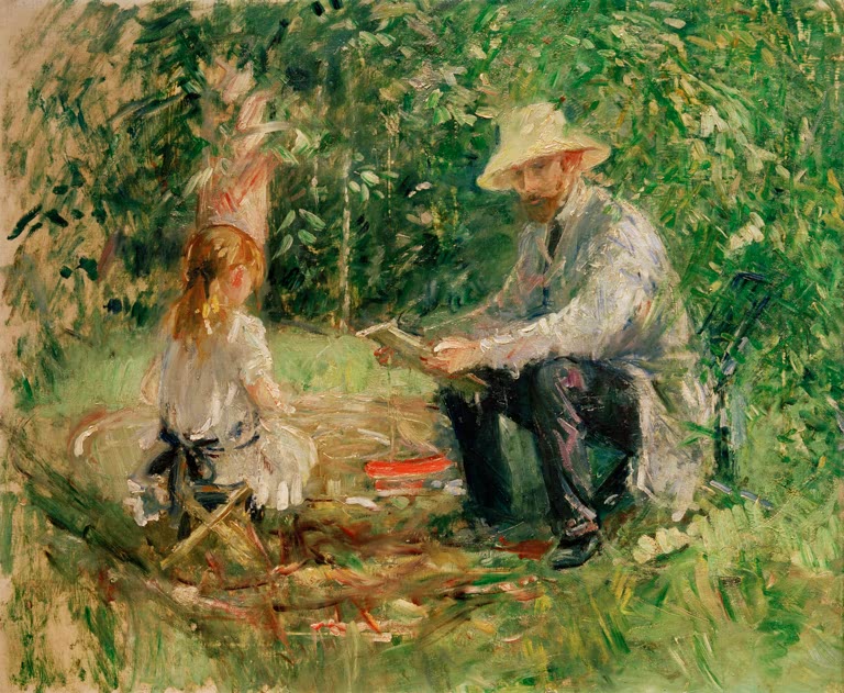 Mann mit Strohhut liest im Garten, davor ein Mädchen – Berthe Morisot Eugène Manet et sa fille au jardin Kunstkopie