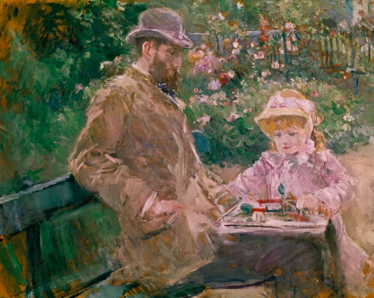 Mann mit Hut und Tochter am Gartentisch – Berthe Morisot Eugene Manet und seine Tochter im Garten Kunstkopie