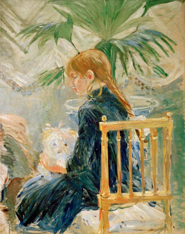 Mädchen mit Zopf im Profil auf einem Stuhl, daneben ein weißer Hund – Berthe Morisot Fillette au chien Kunstkopie