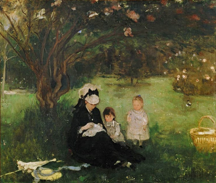 Berthe Morisot Flieder in Maurecourt Kunstkopie, Mutter mit zwei Kindern unter blühendem Fliederstrauch im Garten