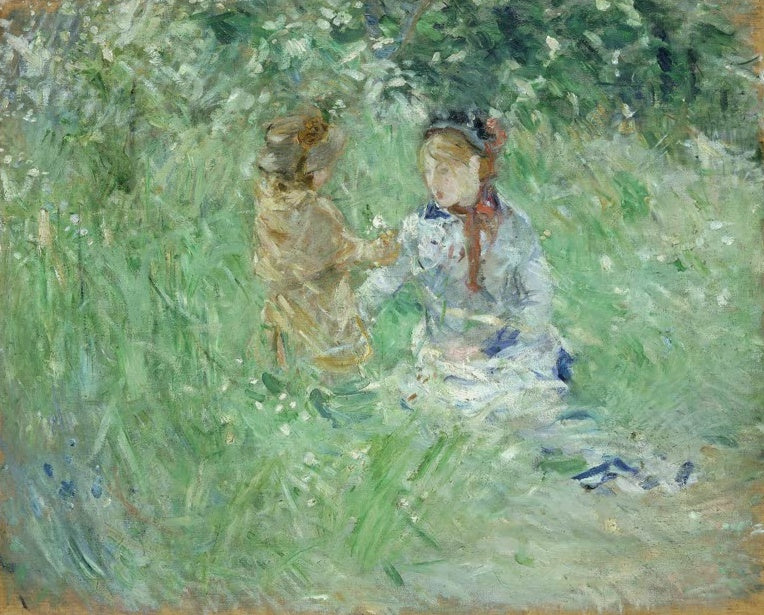 Frau in Weiß und ein Kind sitzen im hohen Gras – Berthe Morisot Frau und Kind auf einer Wiese bei Bougival Kunstkopie