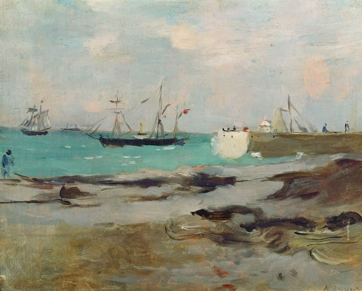 Küstenlandschaft mit Segelschiffen auf türkisfarbenem Meer und Felsen – Berthe Morisot Hafeneinfahrt in Boulogne Kunstkopie