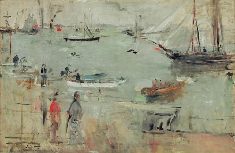Ruhiger Hafen mit Segelbooten und kleinen Figuren am Ufer – Berthe Morisot Hafenszene, Isle of Wight Kunstkopie