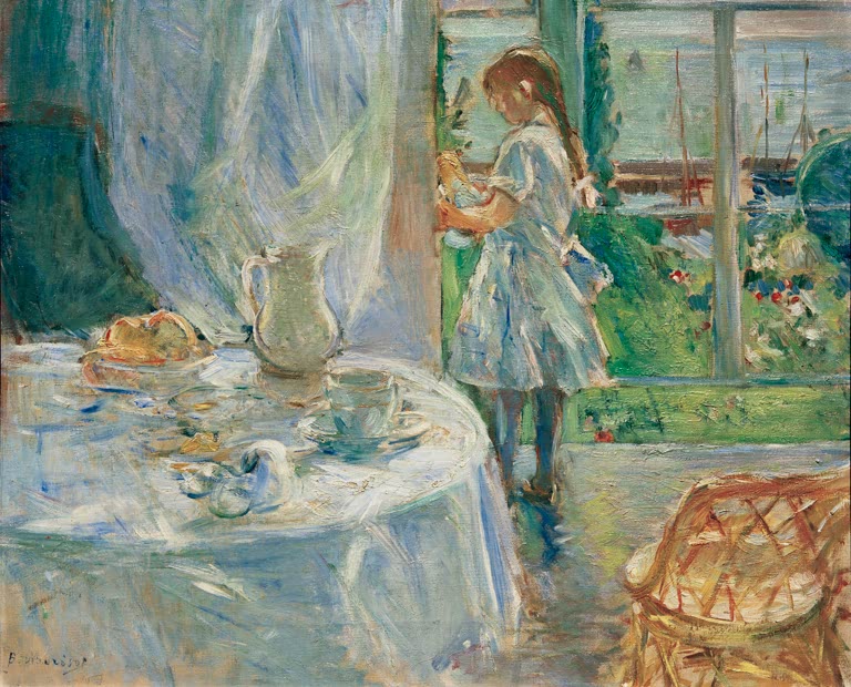 Mädchen am Fenster neben gedecktem Tisch – Berthe Morisot Intérieur de cottage Kunstkopie