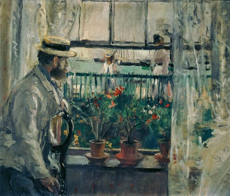 Mann mit Strohhut am Fenster mit Geranientöpfen und Blick aufs Meer – Berthe Morisot Interieur, Isle of Wight Kunstkopie