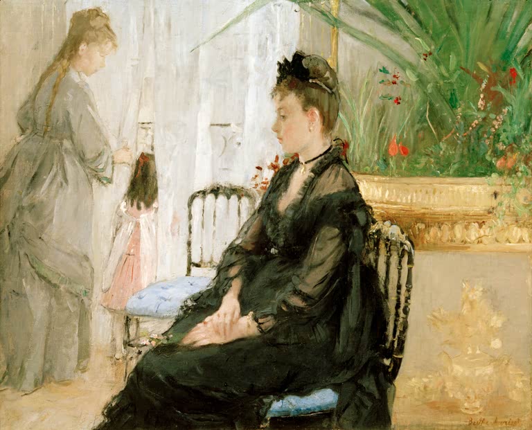 Zwei Damen im lichten Salon, eine in Schwarz sitzend vor Palmen – Berthe Morisot Intérieur Kunstkopie
