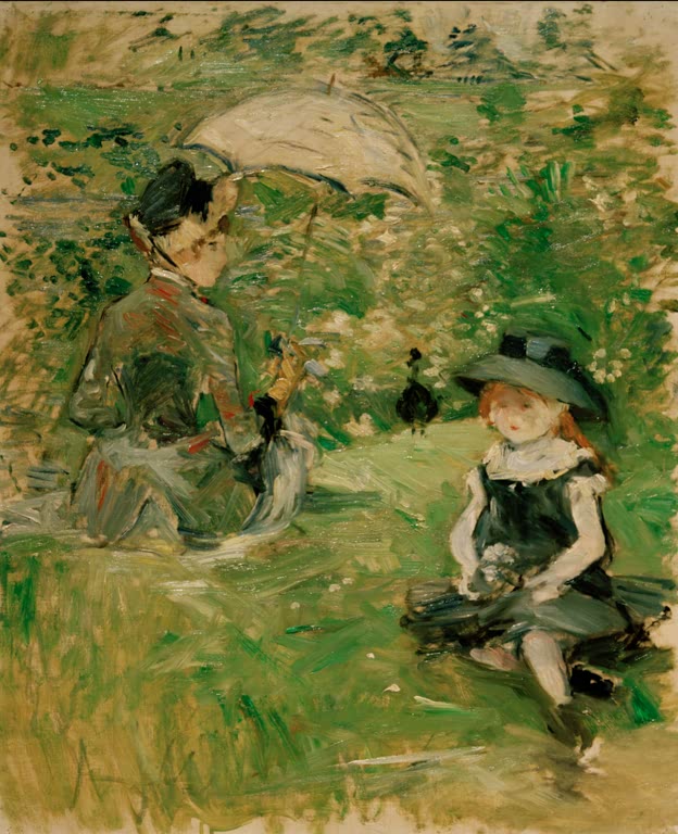 Junge Frau mit Sonnenschirm und Mädchen mit Hut im grünen Gras – Berthe Morisot Jeune femme et enfant dans l'île Kunstkopie
