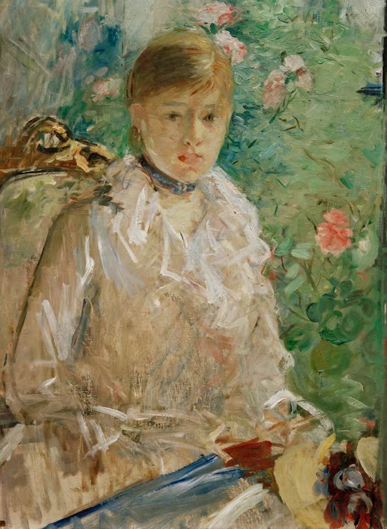 Junge Frau in heller Rüschenbluse im Sessel vor rosa Rosen – Berthe Morisot Jeune femme près d'une fenêtre Kunstkopie