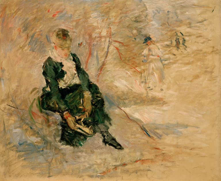 Junge Frau in Dunkel sitzt im Park und schnürt ihre Schlittschuhe – Berthe Morisot Jeune femme remettant son patin Kunstkopie