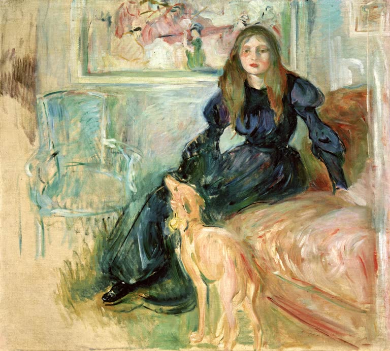 Mädchen in dunklem Kleid auf Sofa neben hellbraunem Windhund – Berthe Morisot Jeune fille au lévrier Kunstkopie