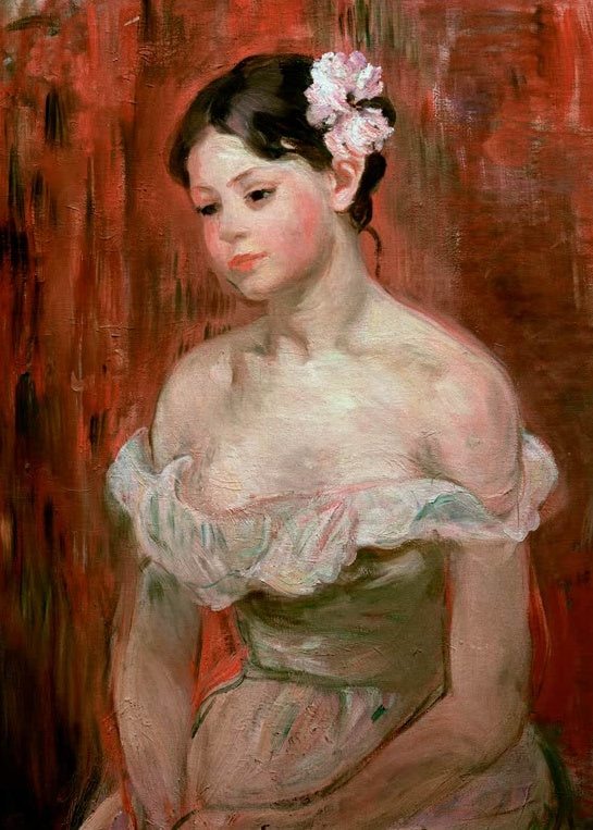 Mädchen mit rosa Blume im Haar und schulterfreiem Kleid vor rotem Grund – Berthe Morisot Jeune fille en décolleté Kunstkopie