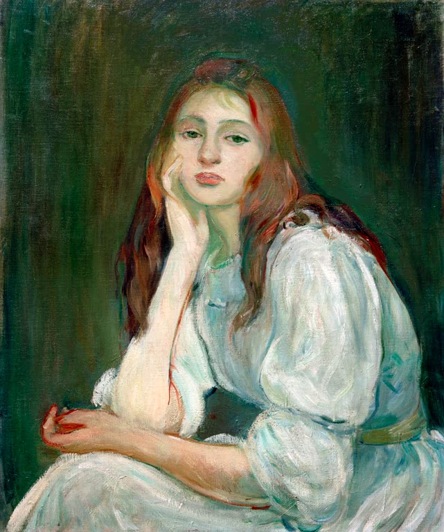 Mädchen mit rotem Haar stützt träumend den Kopf auf die Hand – Berthe Morisot Julie rêveuse Kunstkopie