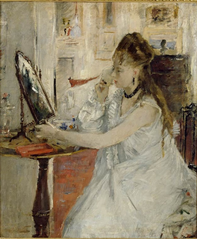 Berthe Morisot Junge Frau beim Pudern Kunstkopie, junge Frau am Schminktisch mit Puderquaste vor rotem Vorhang