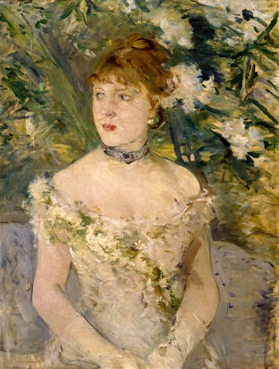 Berthe Morisot Junge Frau im Ballkleid Kunstkopie, junge Frau mit Schmuck im schulterfreien weißen Ballkleid vor Blumen
