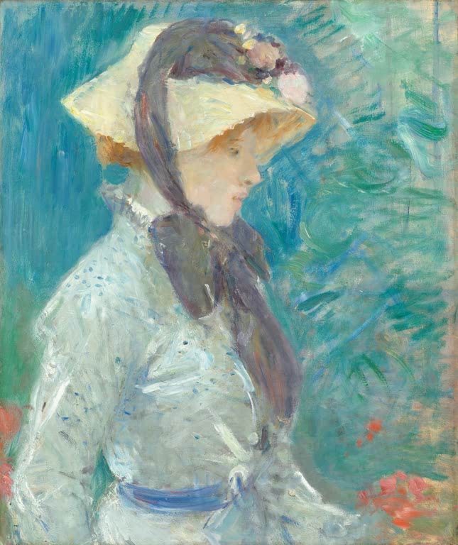 Profil einer jungen Frau mit hellem Strohhut und violettem Band – Berthe Morisot Junge Frau mit Strohhut Kunstkopie