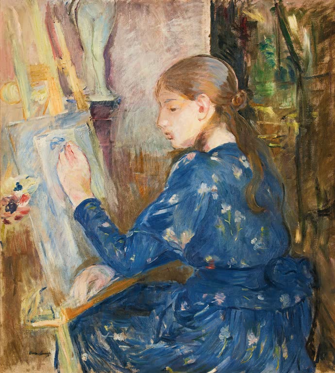 Junges Mädchen im blauen Blumenkleid malt an der Staffelei – Berthe Morisot Junges Mädchen beim Schreiben Kunstkopie