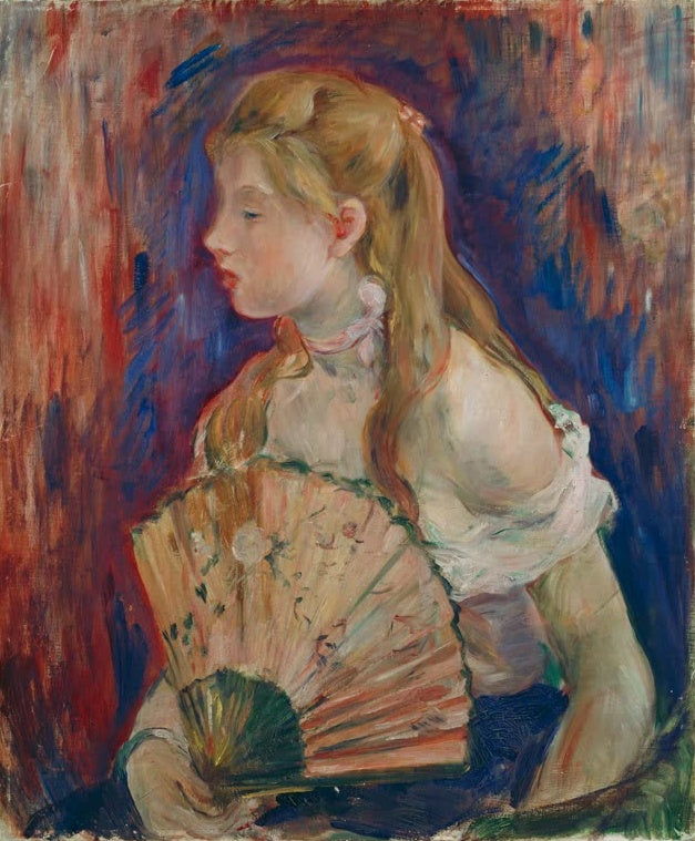 Mädchen mit offenem Haar hält im Profil einen Fächer, roter Grund – Berthe Morisot Junges Mädchen mit Fächer Kunstkopie