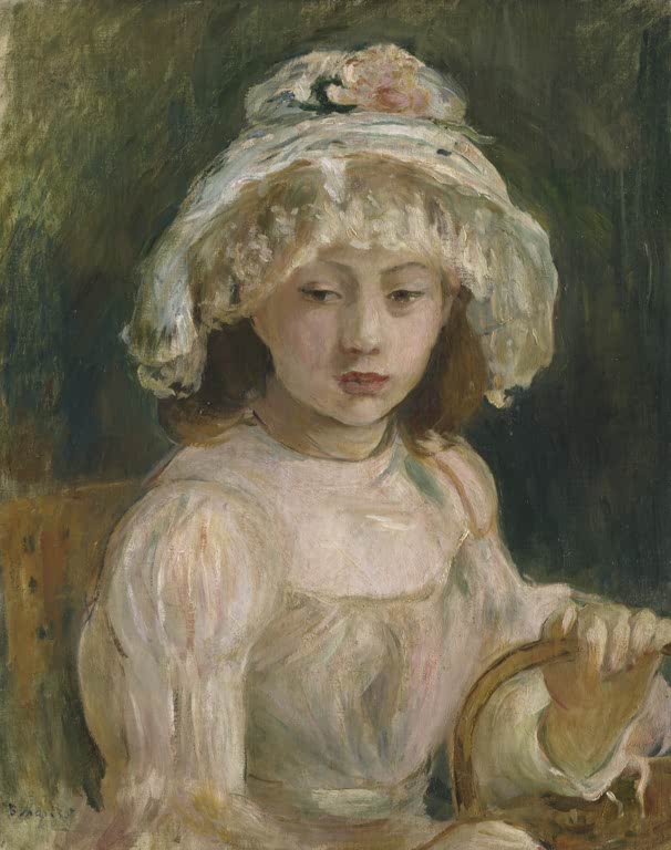 Mädchen mit weißer Rüschenhaube und rosa Kleid sitzt auf einem Korbstuhl – Berthe Morisot Junges Mädchen mit Hut Kunstkopie