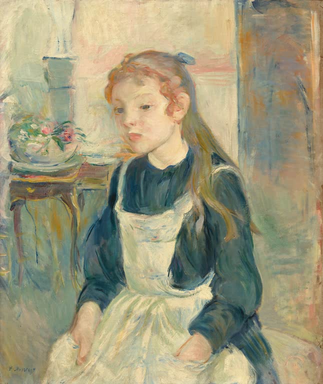 Mädchen mit langem Haar in dunklem Kleid und weißer Schürze – Berthe Morisot Junges Mädchen mit Schürze Kunstkopie