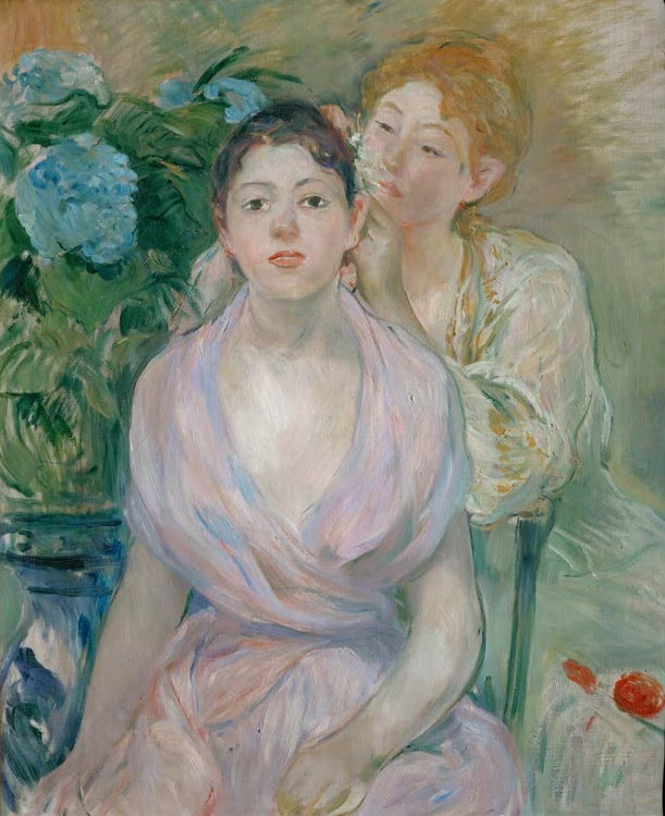 Zwei junge Frauen vor blauen Hortensien, eine in Flieder – Berthe Morisot L'hortensia ou Les deux soeurs Kunstkopie
