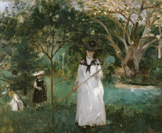 Frau im weißen Kleid mit Kescher und zwei Kinder im Obstgarten – Berthe Morisot La chasse aux papillons Kunstkopie