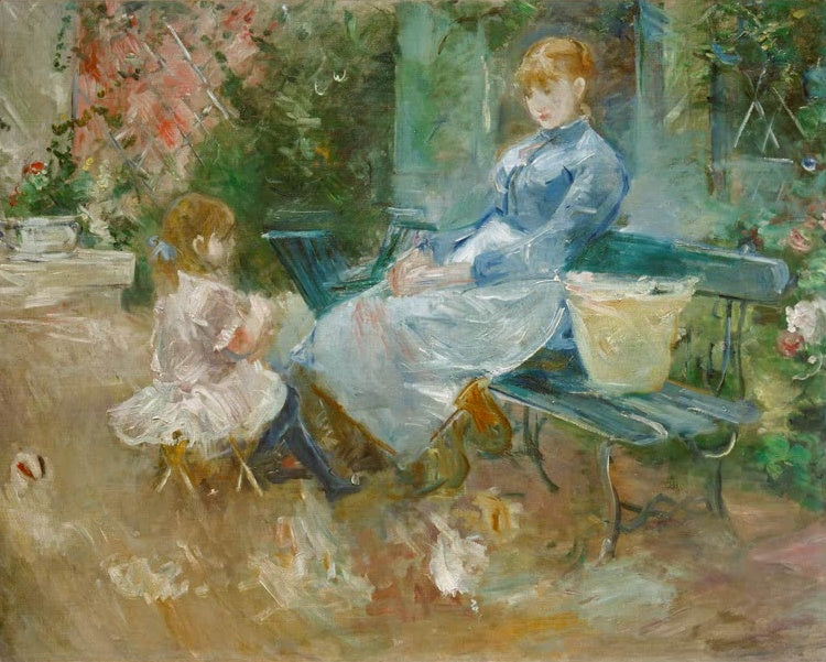 Frau im blauen Kleid auf einer Gartenbank, davor ein spielendes Kind – Berthe Morisot La fable Kunstkopie