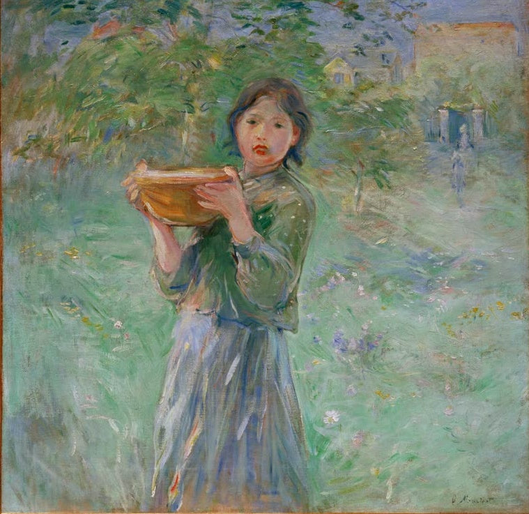 Mädchen im grünen Kleid hält im Garten eine große Schale vor sich – Berthe Morisot La jatte de lait Kunstkopie