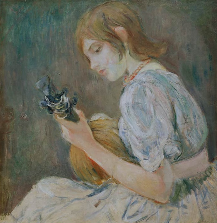 Mädchen in hellblauer Bluse beugt sich über eine Mandoline – Berthe Morisot La Mandoline Kunstkopie
