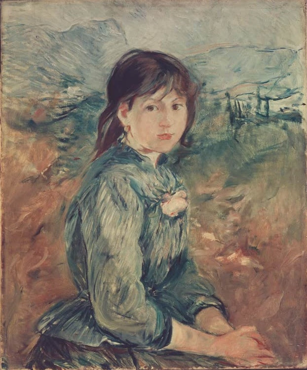 Mädchen mit dunklem Haar und grüner Bluse vor Hügellandschaft – Berthe Morisot La petite niçoise Kunstkopie