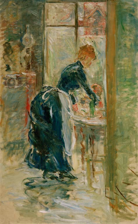 Dienstmädchen in dunklem Kleid beugt sich im Zimmer über einen Tisch – Berthe Morisot La petite servante Kunstkopie