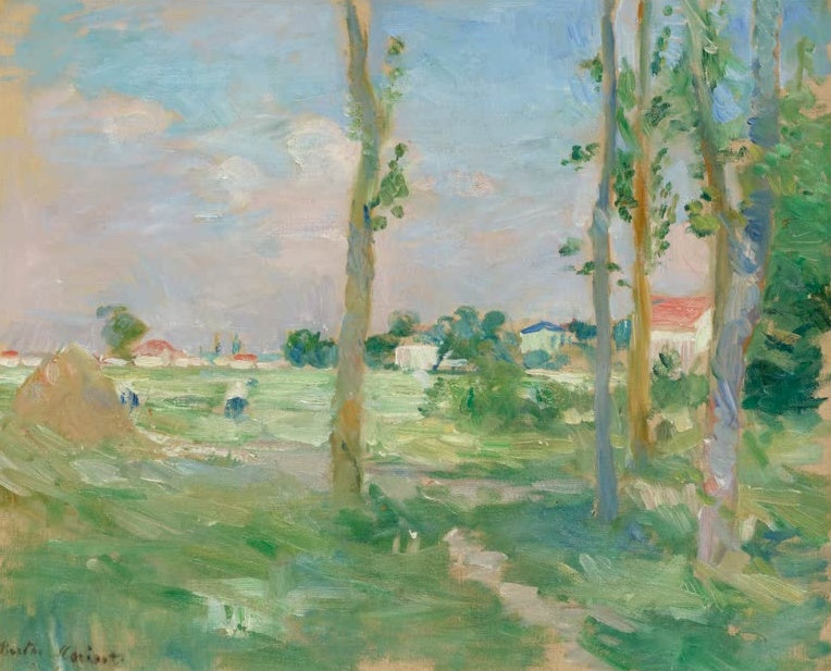 Berthe Morisot Landschaft mit Pappeln Kunstkopie, schlanke Pappeln vor grüner Wiese und Dorf im Hintergrund
