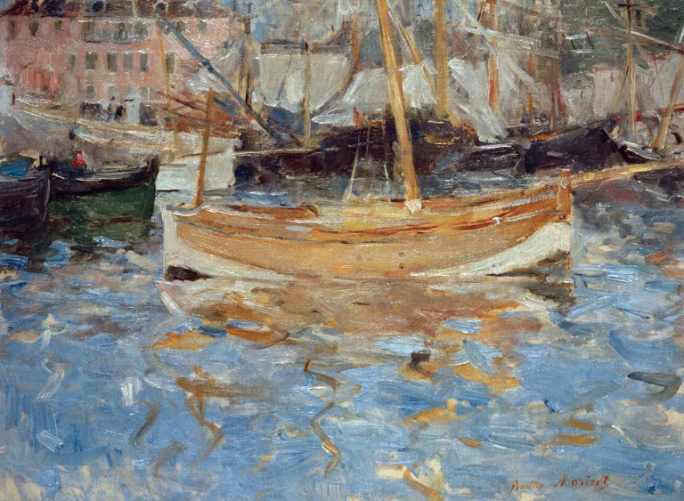 Segelboote und blau schimmerndes Hafenwasser mit Häusern im Hintergrund – Berthe Morisot Le Port de Nice Kunstkopie