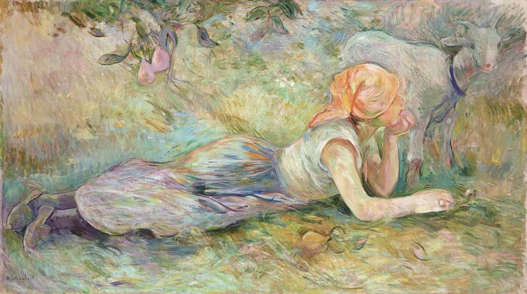 Hirtenmädchen mit Schaf liegt im Gras unter einem Obstbaum – Berthe Morisot Liegende Schäferin Kunstkopie