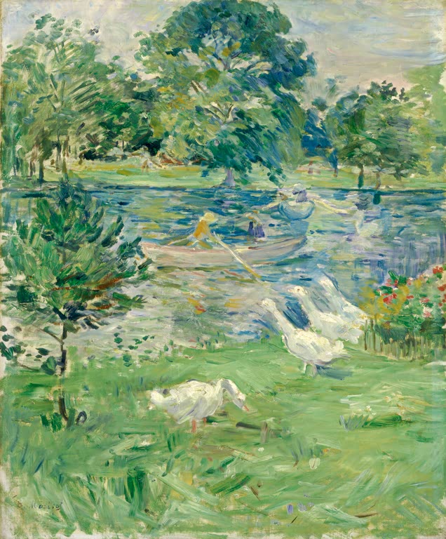 Mädchen in einem Boot am grünen Ufer mit weißen Gänsen im Gras – Berthe Morisot Mädchen in einem Boot mit Gänsen Kunstkopie