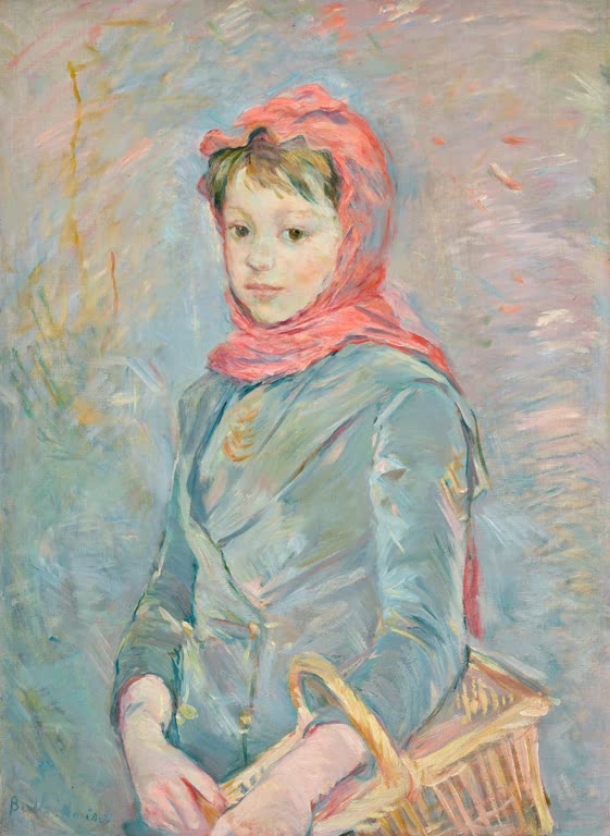 Mädchen mit rotem Kopftuch und Weidenkorb in türkisfarbener Jacke – Berthe Morisot Mädchen mit Korb Kunstkopie
