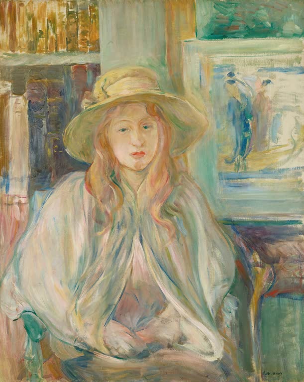 Mädchen mit Strohhut und offenem Haar vor Bücherregal – Berthe Morisot Mädchen mit Strohhut Kunstkopie