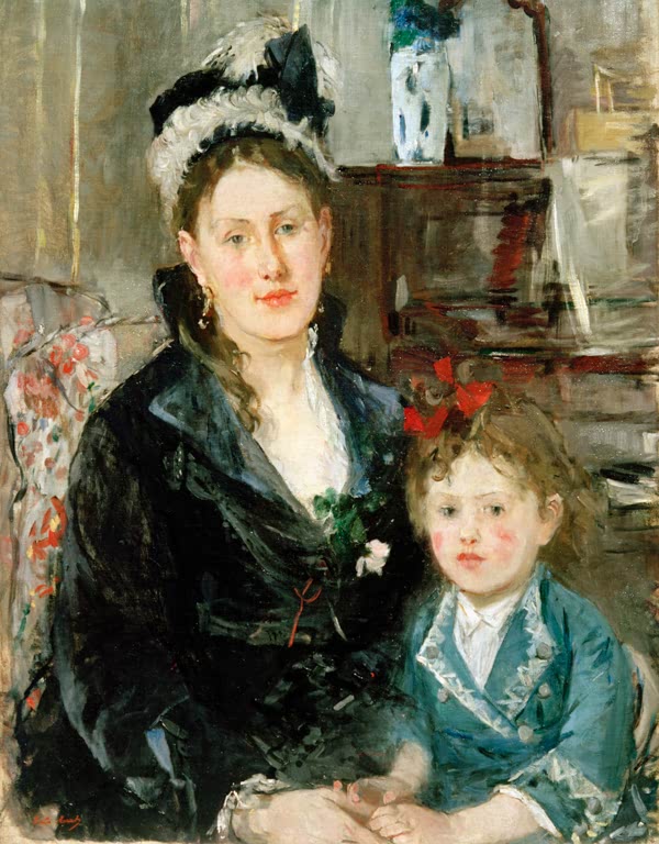 Frau in dunklem Mantel mit Federhut und ihre kleine Tochter in Blau – Berthe Morisot Mme. Boursier et sa fille Kunstkopie