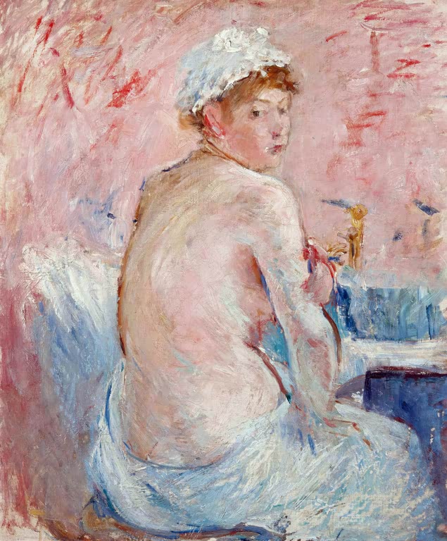 Junge Frau mit weißer Haube von hinten, nackter Rücken vor rosa Wand – Berthe Morisot Nackter Rücken Kunstkopie